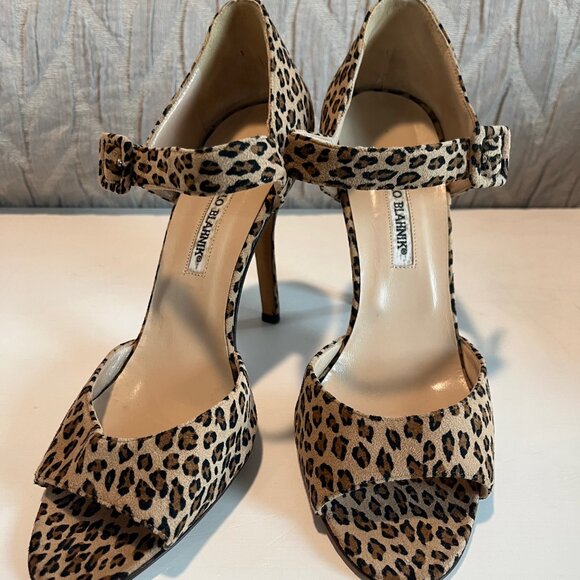 MANOLO BLAHNIK d'Ordsay Leopard Print Peep Toe Ankle Strap Heels - Picture 1 of 5
